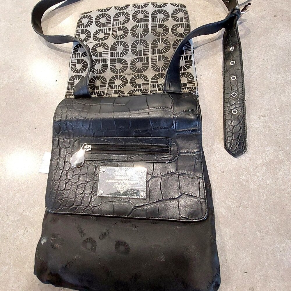 AKDMKS Women's Crossbody Graphic Print  Bag w/Faux Croc Trim - Black/Grey - SML